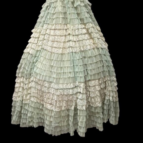 VNTG Green Cupcake Prom Dress Lace Chiffon Tiered Ruffled Strapless Gown 1950s - Picture 5 of 16